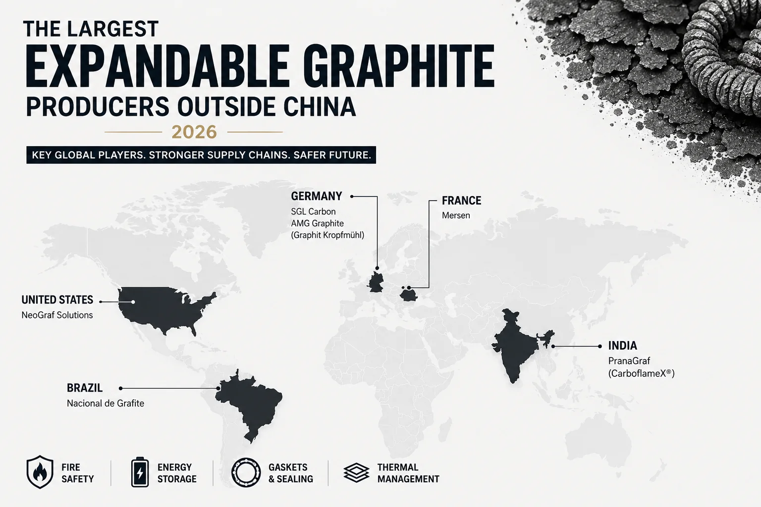 World map highlighting expandable graphite producers outside China: Germany, USA, Brazil, France, and India