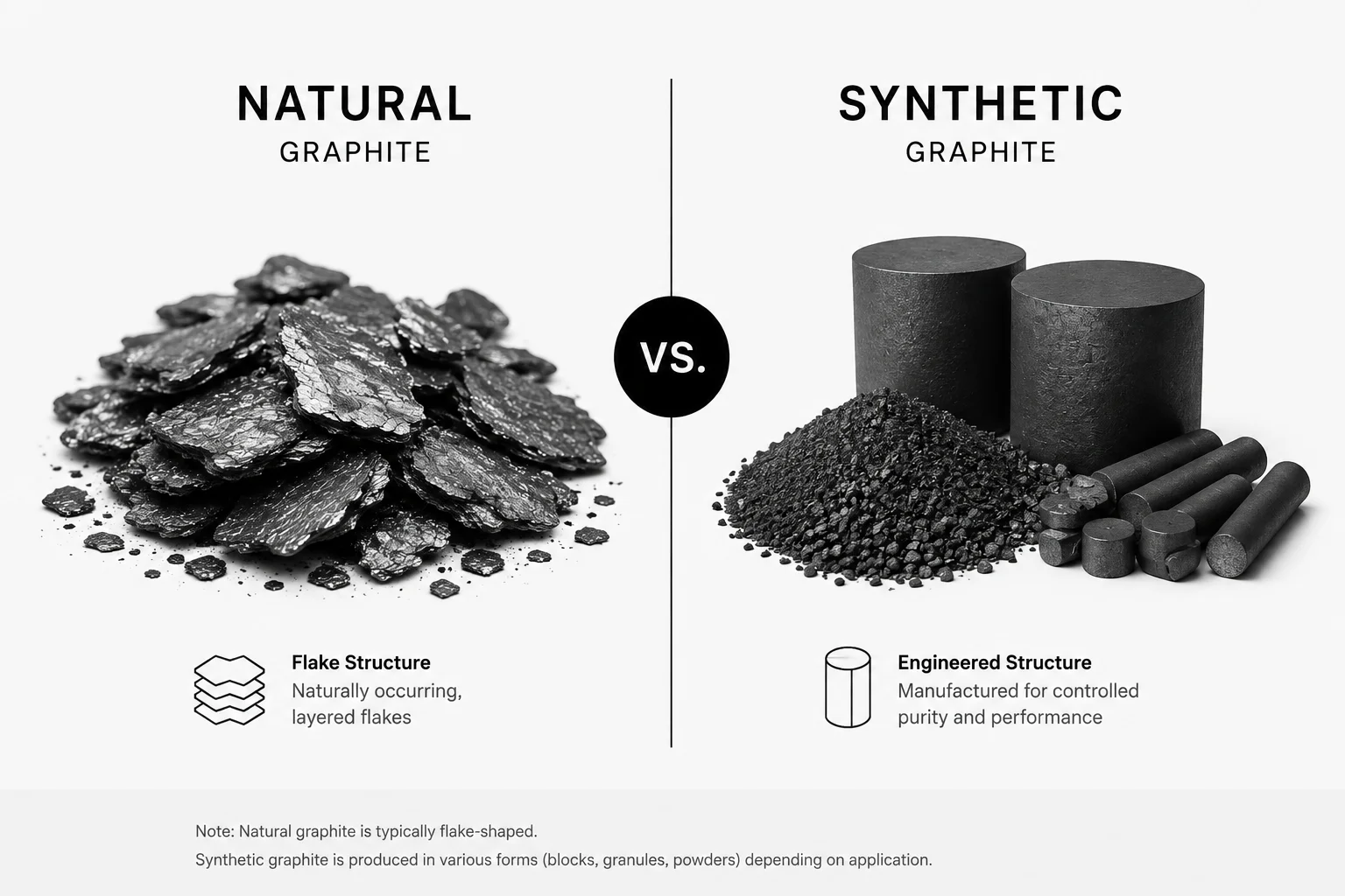 Split comparison of mined natural flake graphite and manufactured synthetic graphite