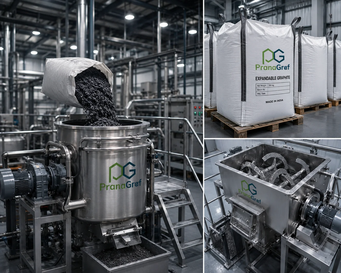 PranaGraf expandable graphite production facility processing CarboFlameX intercalated flake